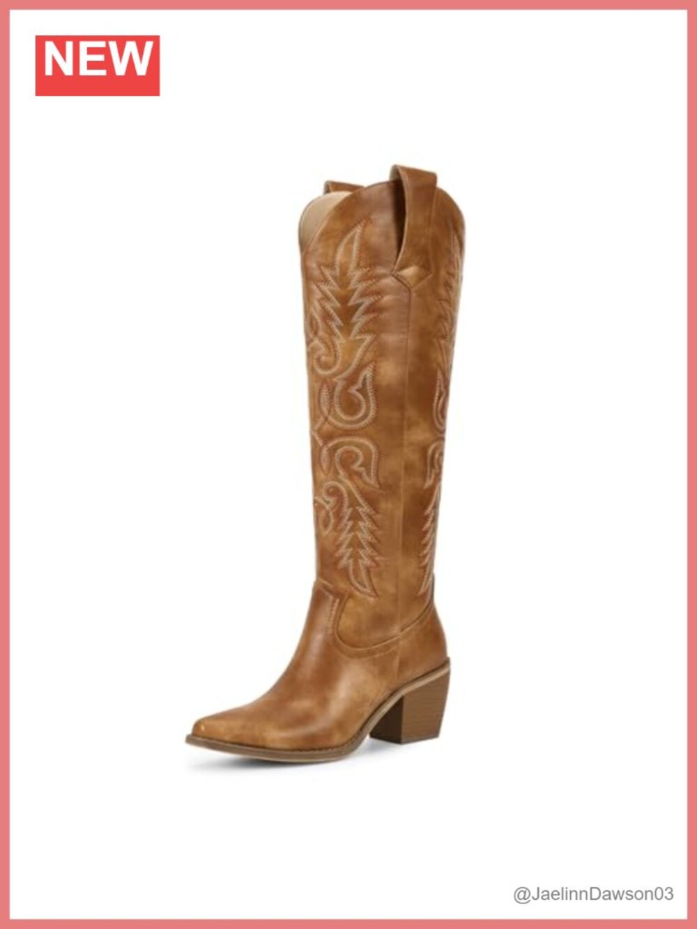 Pointed Toe Knee High Western Cowboy Boots Faux Leather Block Heel